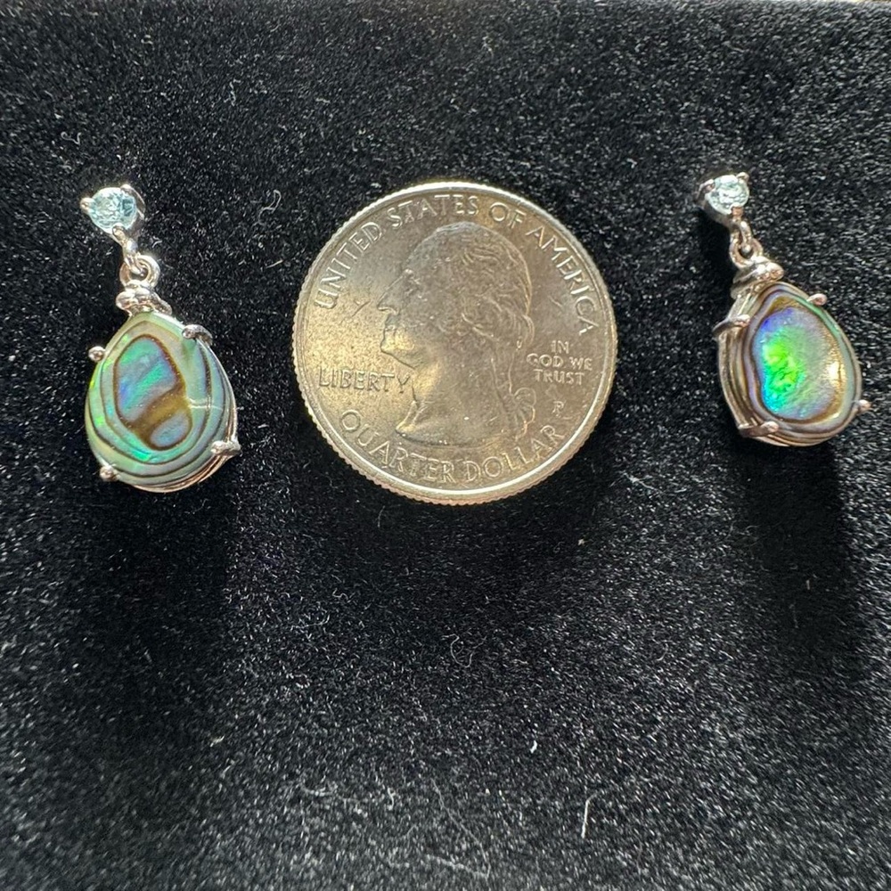 925 Sterling Silver Abalone Teardrop Dangle Earrings Vintage